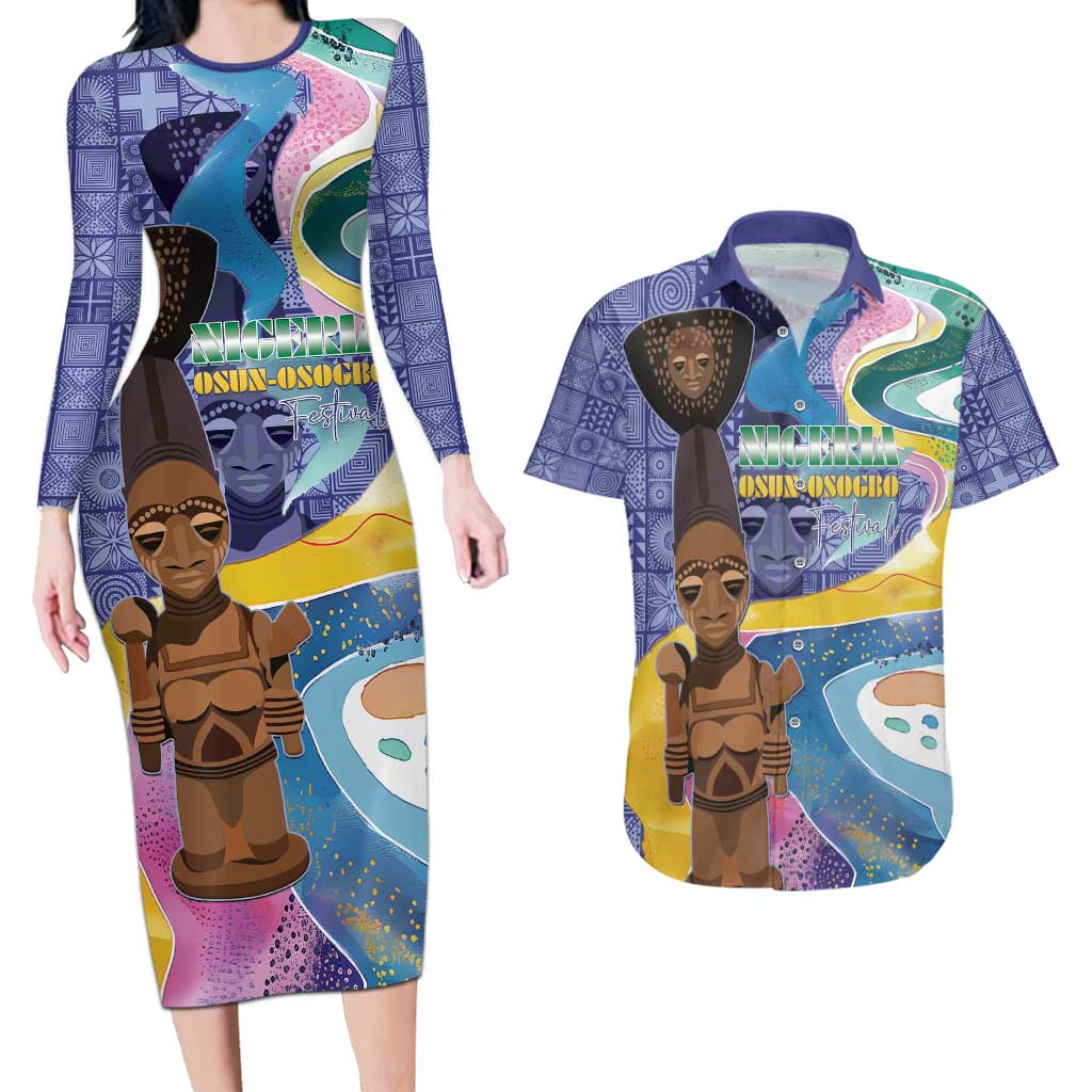Nigeria Osun-Osogbo Festival Couples Matching Long Sleeve Bodycon Dress and Hawaiian Shirt Oshun God - Yoruba Pattern - Wonder Print Shop