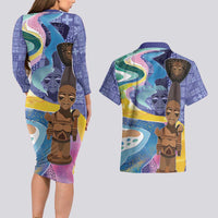 Nigeria Osun-Osogbo Festival Couples Matching Long Sleeve Bodycon Dress and Hawaiian Shirt Oshun God - Yoruba Pattern - Wonder Print Shop