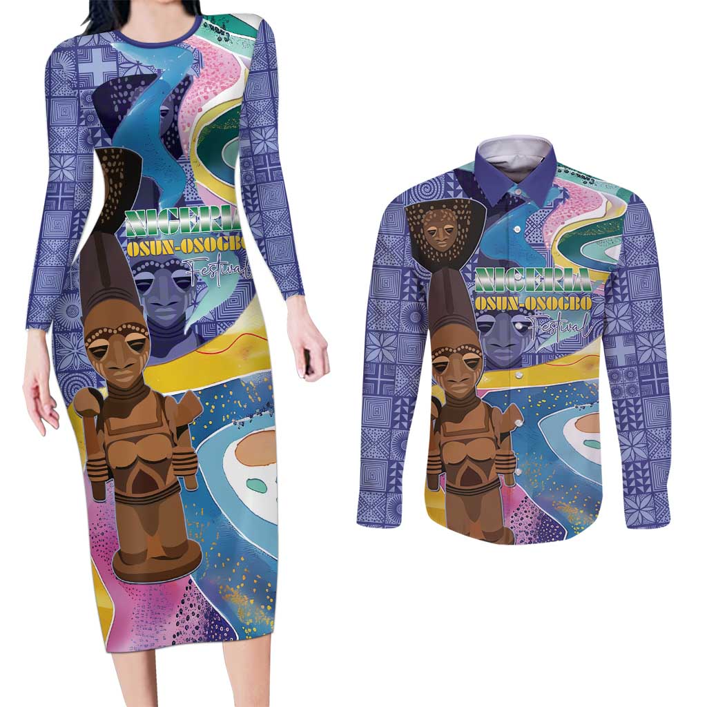 Nigeria Osun-Osogbo Festival Couples Matching Long Sleeve Bodycon Dress and Long Sleeve Button Shirt Oshun God - Yoruba Pattern - Wonder Print Shop