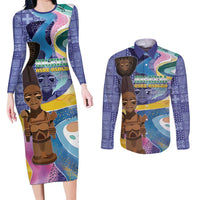 Nigeria Osun-Osogbo Festival Couples Matching Long Sleeve Bodycon Dress and Long Sleeve Button Shirt Oshun God - Yoruba Pattern - Wonder Print Shop