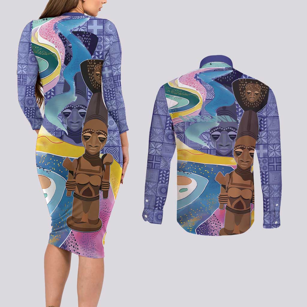 Nigeria Osun-Osogbo Festival Couples Matching Long Sleeve Bodycon Dress and Long Sleeve Button Shirt Oshun God - Yoruba Pattern - Wonder Print Shop