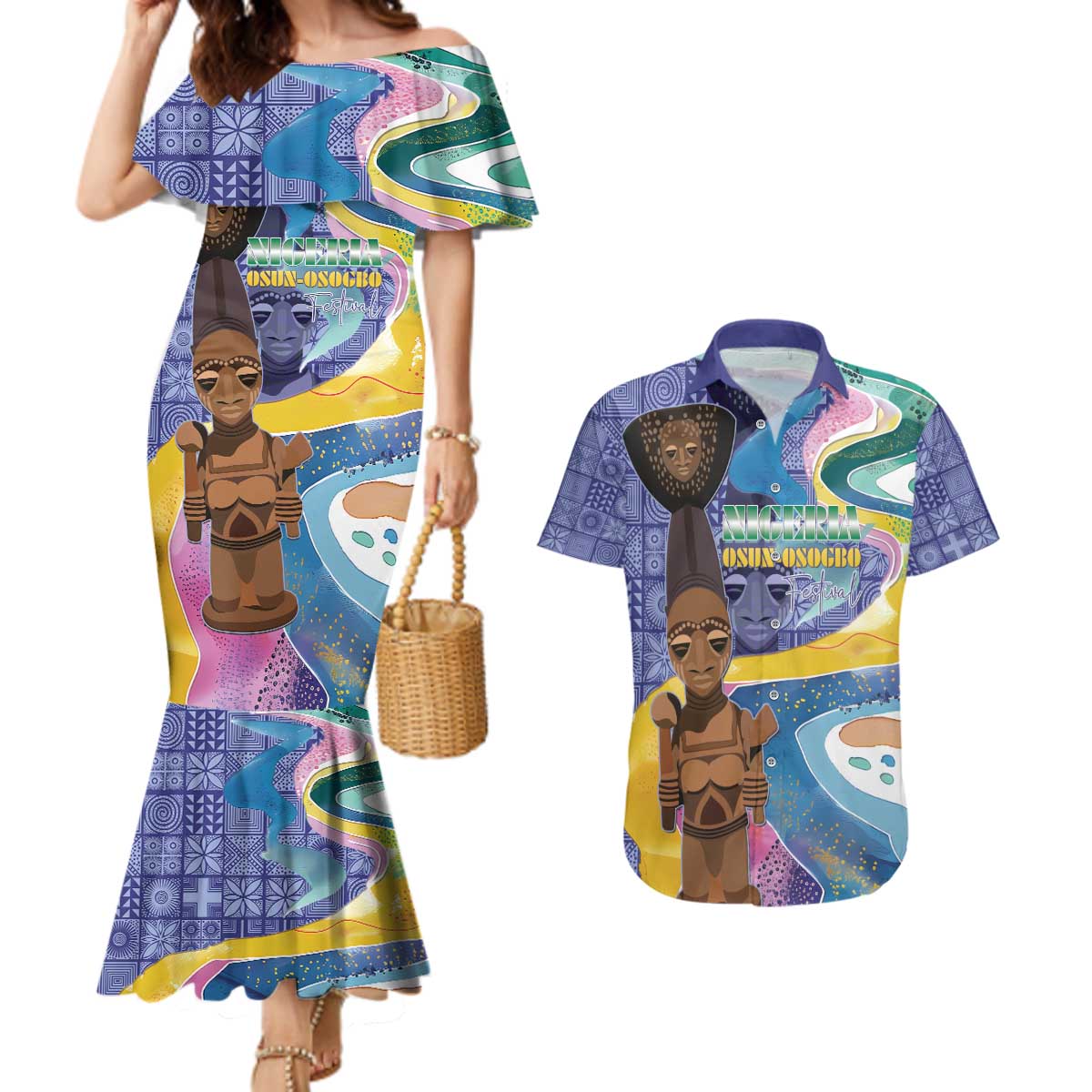 Nigeria Osun-Osogbo Festival Couples Matching Mermaid Dress and Hawaiian Shirt Oshun God - Yoruba Pattern - Wonder Print Shop