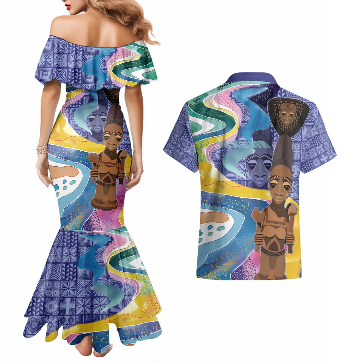 Nigeria Osun-Osogbo Festival Couples Matching Mermaid Dress and Hawaiian Shirt Oshun God - Yoruba Pattern - Wonder Print Shop
