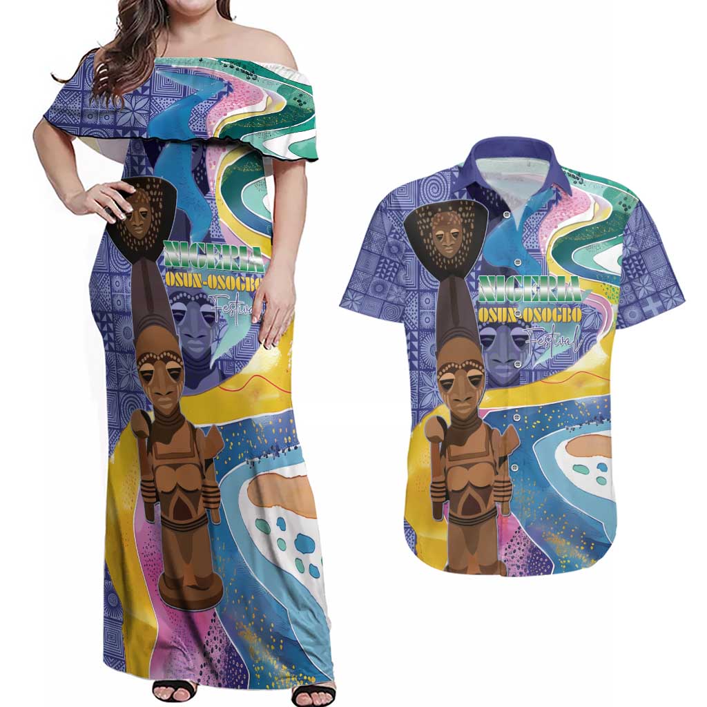Nigeria Osun-Osogbo Festival Couples Matching Off Shoulder Maxi Dress and Hawaiian Shirt Oshun God - Yoruba Pattern - Wonder Print Shop