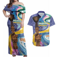 Nigeria Osun-Osogbo Festival Couples Matching Off Shoulder Maxi Dress and Hawaiian Shirt Oshun God - Yoruba Pattern - Wonder Print Shop
