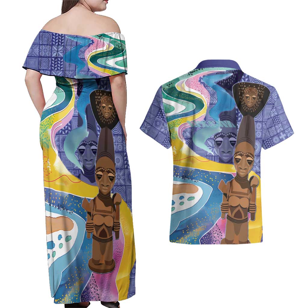 Nigeria Osun-Osogbo Festival Couples Matching Off Shoulder Maxi Dress and Hawaiian Shirt Oshun God - Yoruba Pattern - Wonder Print Shop