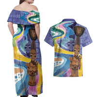 Nigeria Osun-Osogbo Festival Couples Matching Off Shoulder Maxi Dress and Hawaiian Shirt Oshun God - Yoruba Pattern - Wonder Print Shop