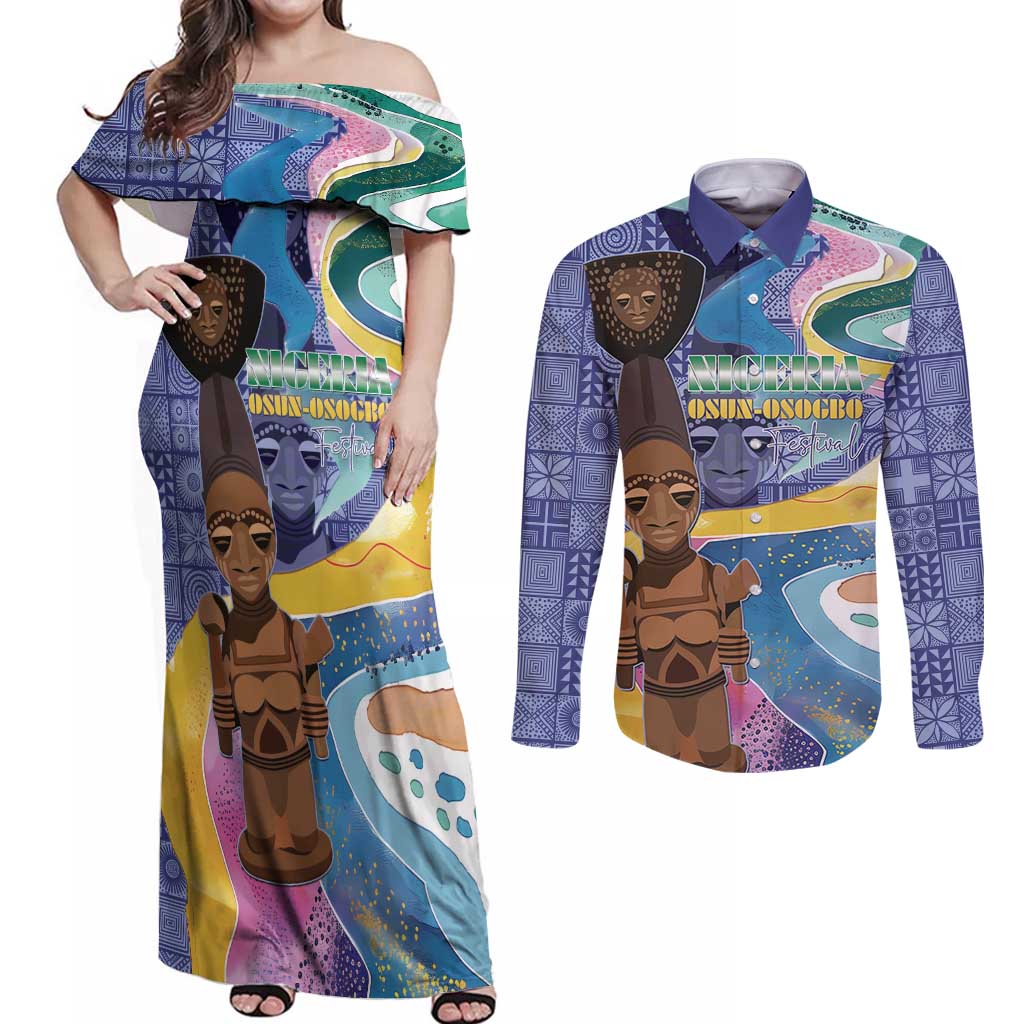 Nigeria Osun-Osogbo Festival Couples Matching Off Shoulder Maxi Dress and Long Sleeve Button Shirt Oshun God - Yoruba Pattern - Wonder Print Shop