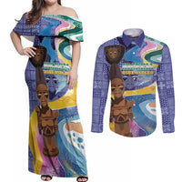 Nigeria Osun-Osogbo Festival Couples Matching Off Shoulder Maxi Dress and Long Sleeve Button Shirt Oshun God - Yoruba Pattern - Wonder Print Shop