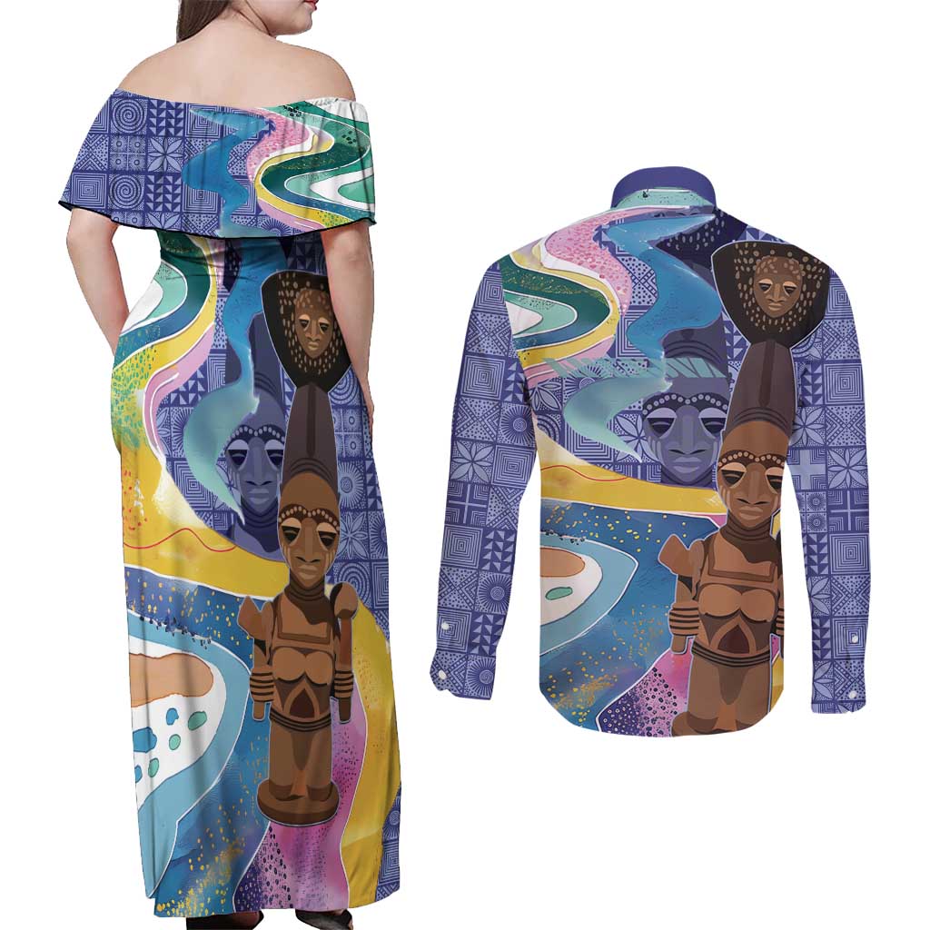 Nigeria Osun-Osogbo Festival Couples Matching Off Shoulder Maxi Dress and Long Sleeve Button Shirt Oshun God - Yoruba Pattern - Wonder Print Shop