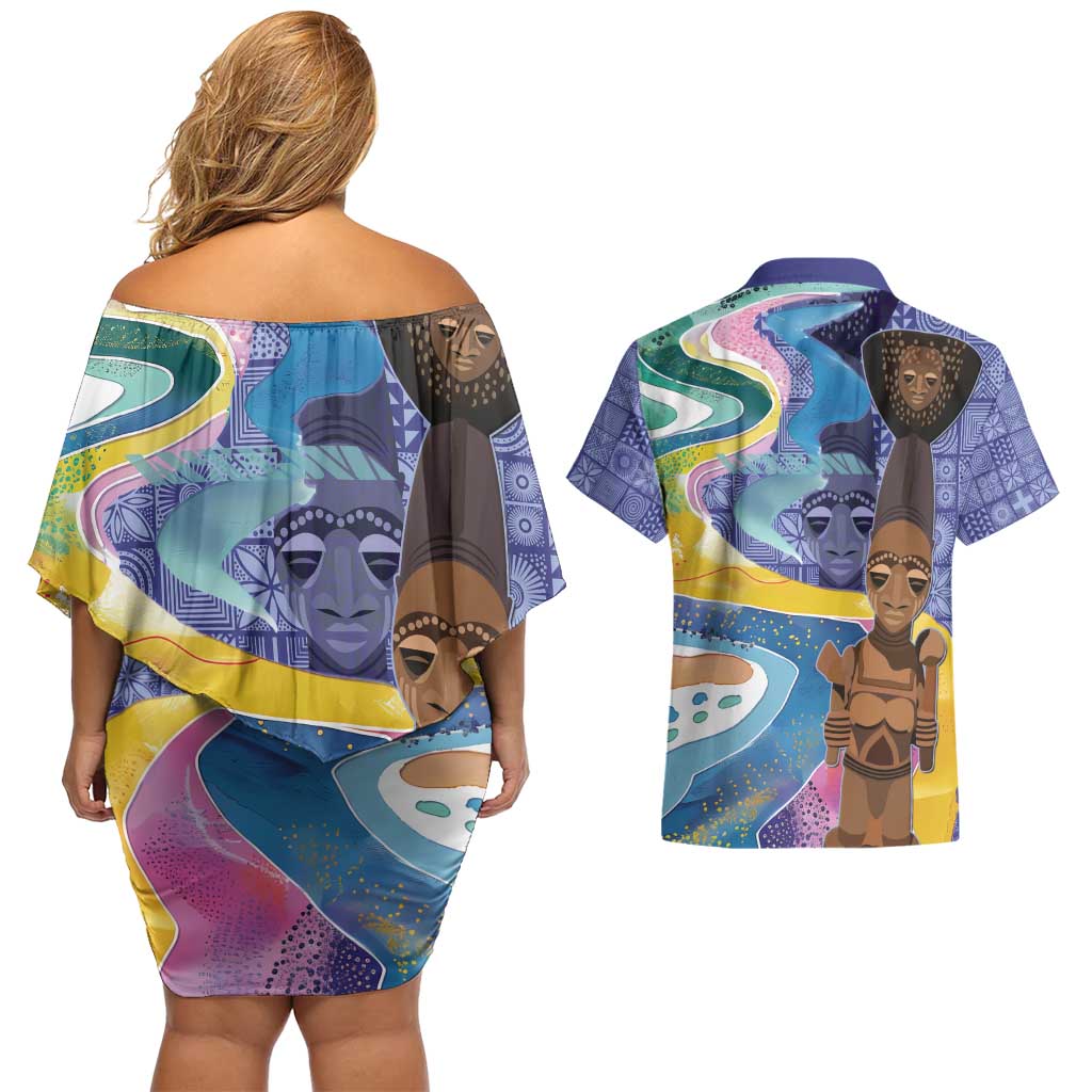 Nigeria Osun-Osogbo Festival Couples Matching Off Shoulder Short Dress and Hawaiian Shirt Oshun God - Yoruba Pattern - Wonder Print Shop
