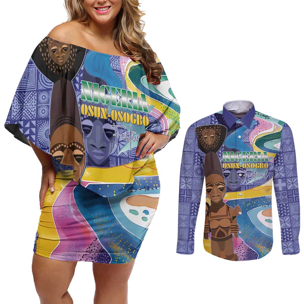 Nigeria Osun-Osogbo Festival Couples Matching Off Shoulder Short Dress and Long Sleeve Button Shirt Oshun God - Yoruba Pattern - Wonder Print Shop
