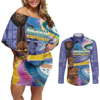 Nigeria Osun-Osogbo Festival Couples Matching Off Shoulder Short Dress and Long Sleeve Button Shirt Oshun God - Yoruba Pattern - Wonder Print Shop