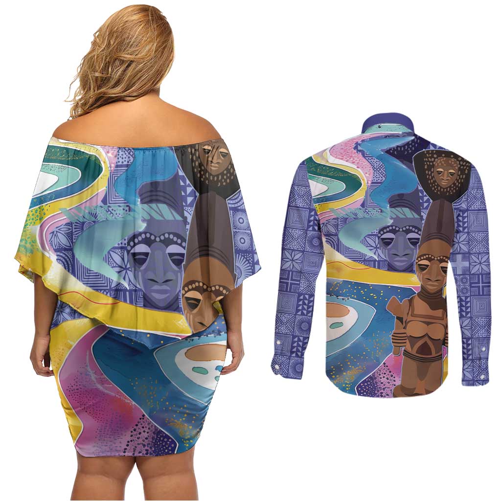 Nigeria Osun-Osogbo Festival Couples Matching Off Shoulder Short Dress and Long Sleeve Button Shirt Oshun God - Yoruba Pattern - Wonder Print Shop