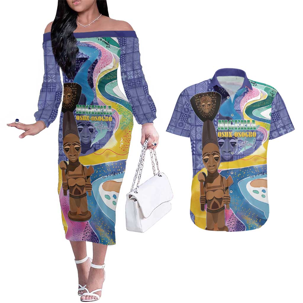 Nigeria Osun-Osogbo Festival Couples Matching Off The Shoulder Long Sleeve Dress and Hawaiian Shirt Oshun God - Yoruba Pattern - Wonder Print Shop
