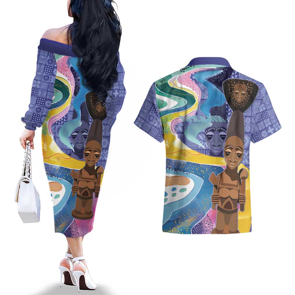 Nigeria Osun-Osogbo Festival Couples Matching Off The Shoulder Long Sleeve Dress and Hawaiian Shirt Oshun God - Yoruba Pattern - Wonder Print Shop