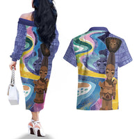 Nigeria Osun-Osogbo Festival Couples Matching Off The Shoulder Long Sleeve Dress and Hawaiian Shirt Oshun God - Yoruba Pattern - Wonder Print Shop