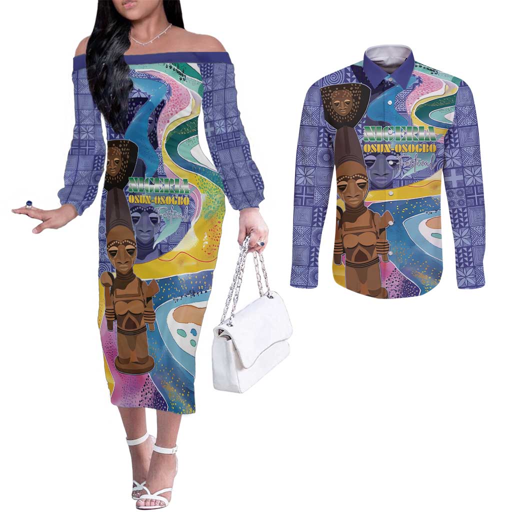 Nigeria Osun-Osogbo Festival Couples Matching Off The Shoulder Long Sleeve Dress and Long Sleeve Button Shirt Oshun God - Yoruba Pattern - Wonder Print Shop