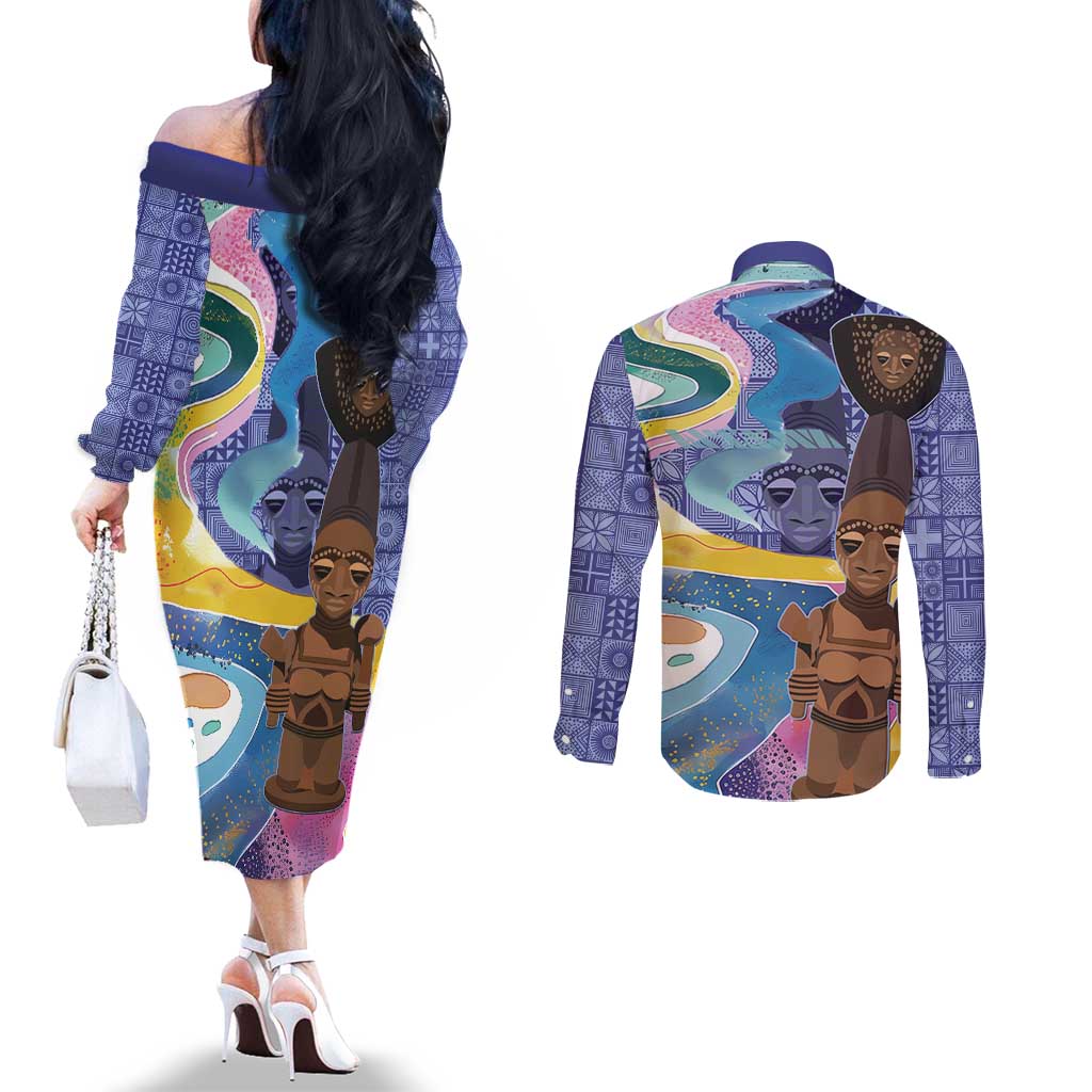 Nigeria Osun-Osogbo Festival Couples Matching Off The Shoulder Long Sleeve Dress and Long Sleeve Button Shirt Oshun God - Yoruba Pattern - Wonder Print Shop