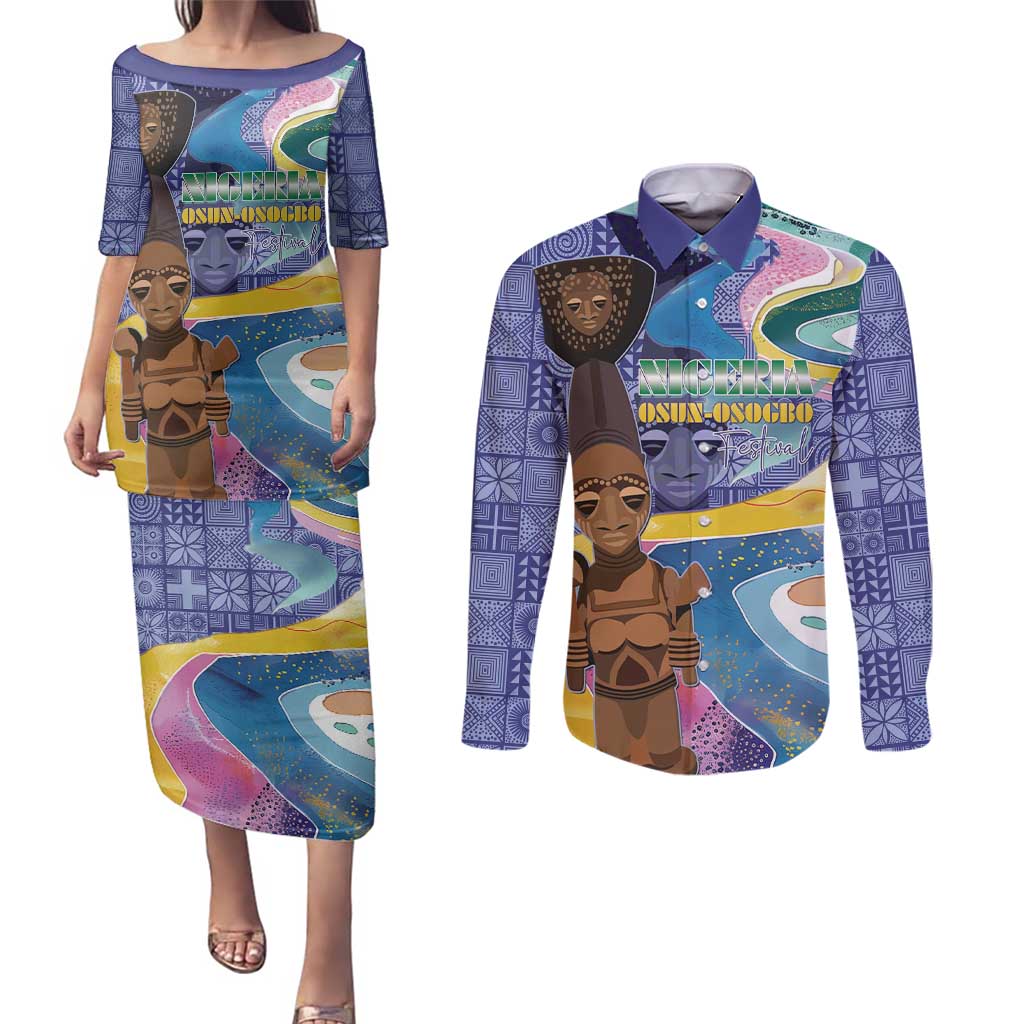 Nigeria Osun-Osogbo Festival Couples Matching Puletasi and Long Sleeve Button Shirt Oshun God - Yoruba Pattern - Wonder Print Shop