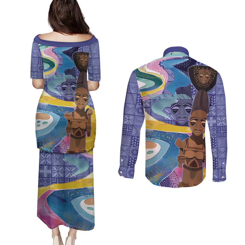 Nigeria Osun-Osogbo Festival Couples Matching Puletasi and Long Sleeve Button Shirt Oshun God - Yoruba Pattern - Wonder Print Shop