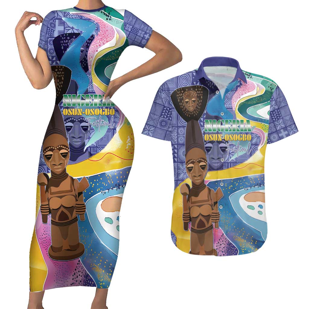 Nigeria Osun-Osogbo Festival Couples Matching Short Sleeve Bodycon Dress and Hawaiian Shirt Oshun God - Yoruba Pattern - Wonder Print Shop