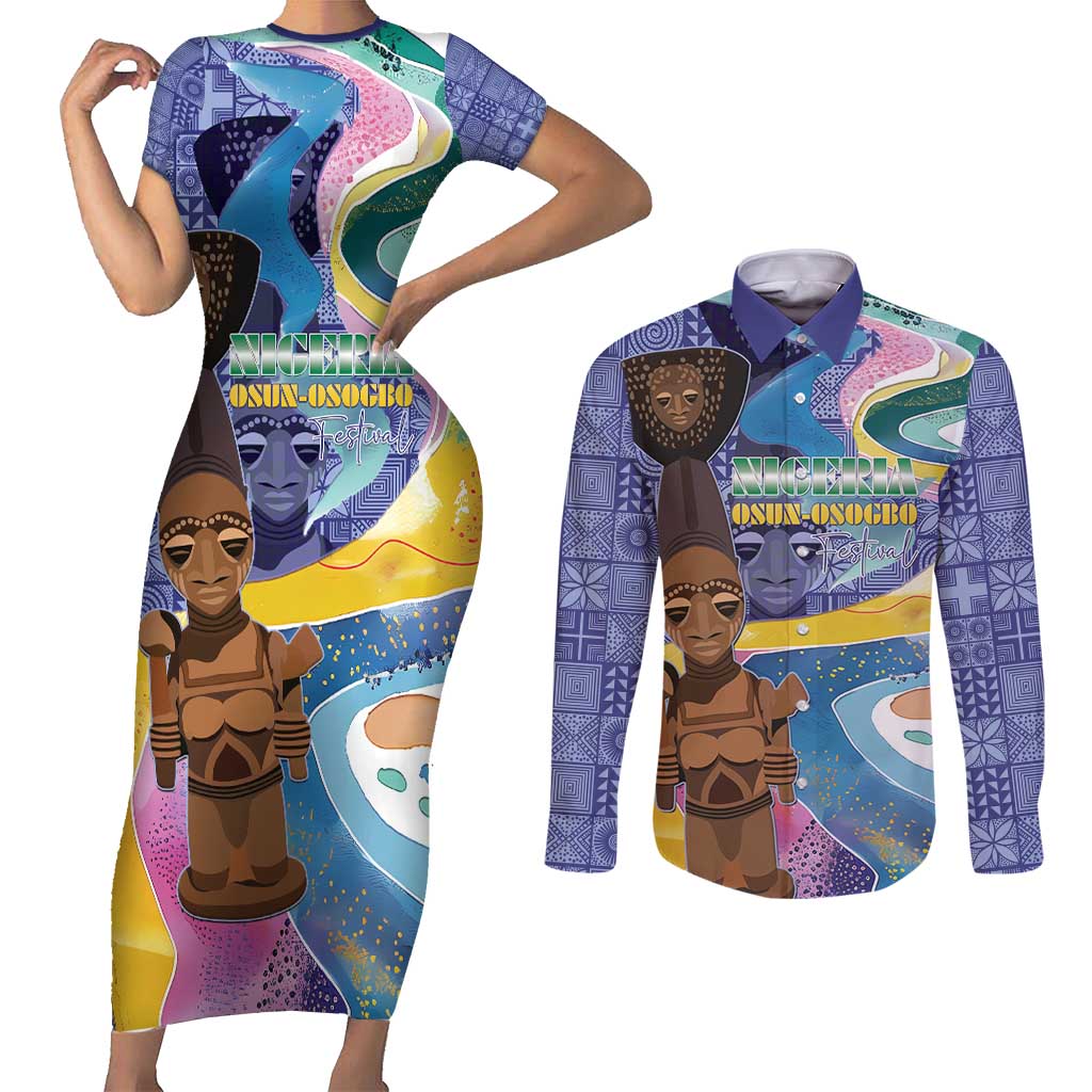 Nigeria Osun-Osogbo Festival Couples Matching Short Sleeve Bodycon Dress and Long Sleeve Button Shirt Oshun God - Yoruba Pattern - Wonder Print Shop