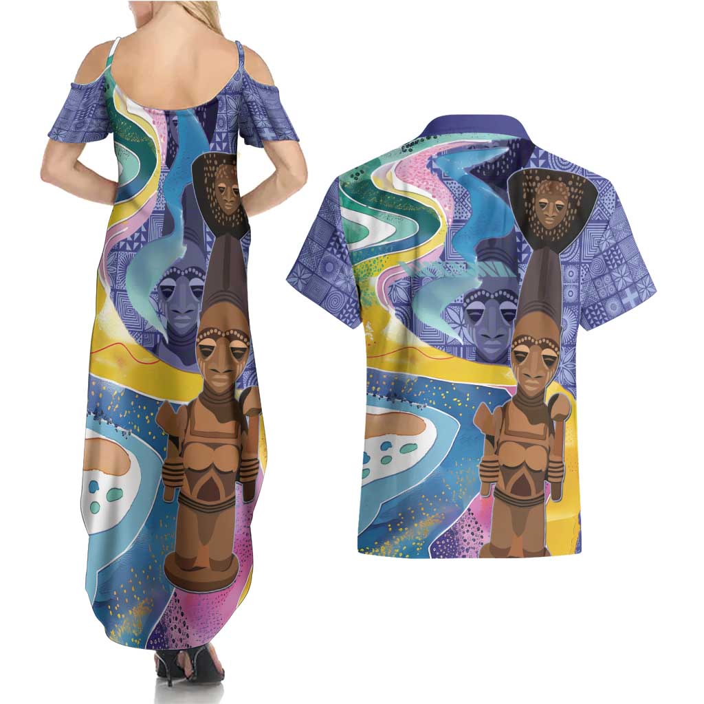Nigeria Osun-Osogbo Festival Couples Matching Summer Maxi Dress and Hawaiian Shirt Oshun God - Yoruba Pattern - Wonder Print Shop