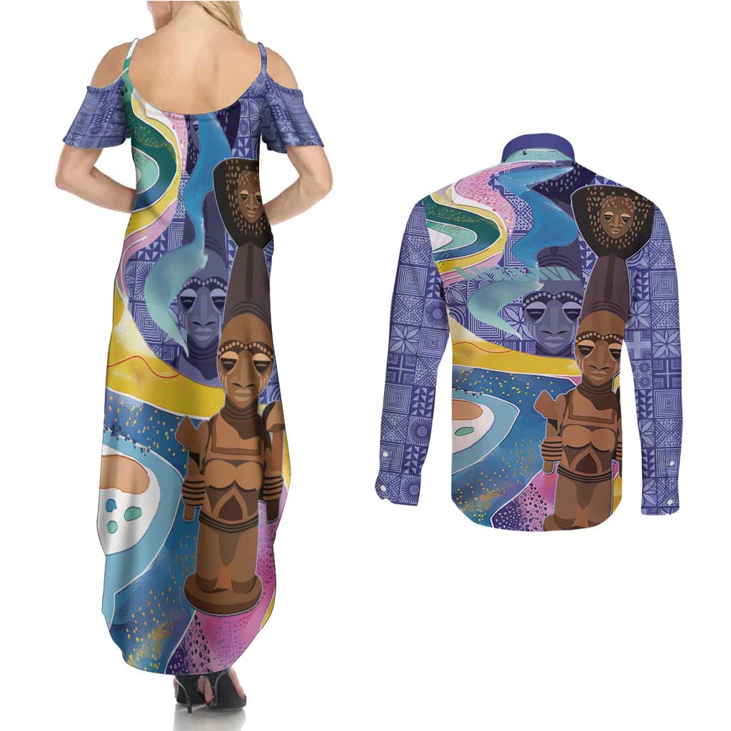 Nigeria Osun-Osogbo Festival Couples Matching Summer Maxi Dress and Long Sleeve Button Shirt Oshun God - Yoruba Pattern - Wonder Print Shop