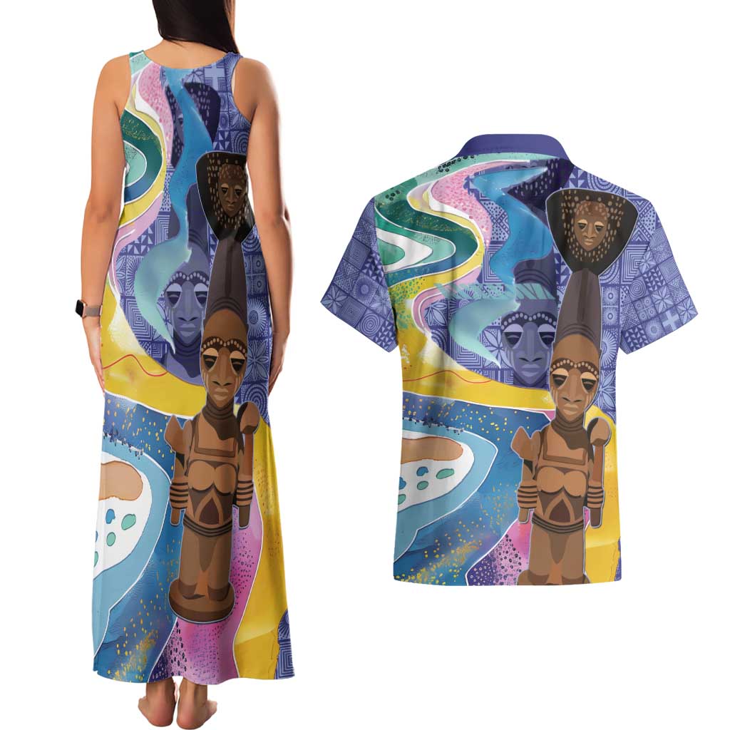 Nigeria Osun-Osogbo Festival Couples Matching Tank Maxi Dress and Hawaiian Shirt Oshun God - Yoruba Pattern - Wonder Print Shop