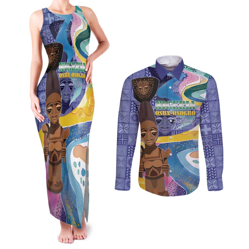 Nigeria Osun-Osogbo Festival Couples Matching Tank Maxi Dress and Long Sleeve Button Shirt Oshun God - Yoruba Pattern - Wonder Print Shop