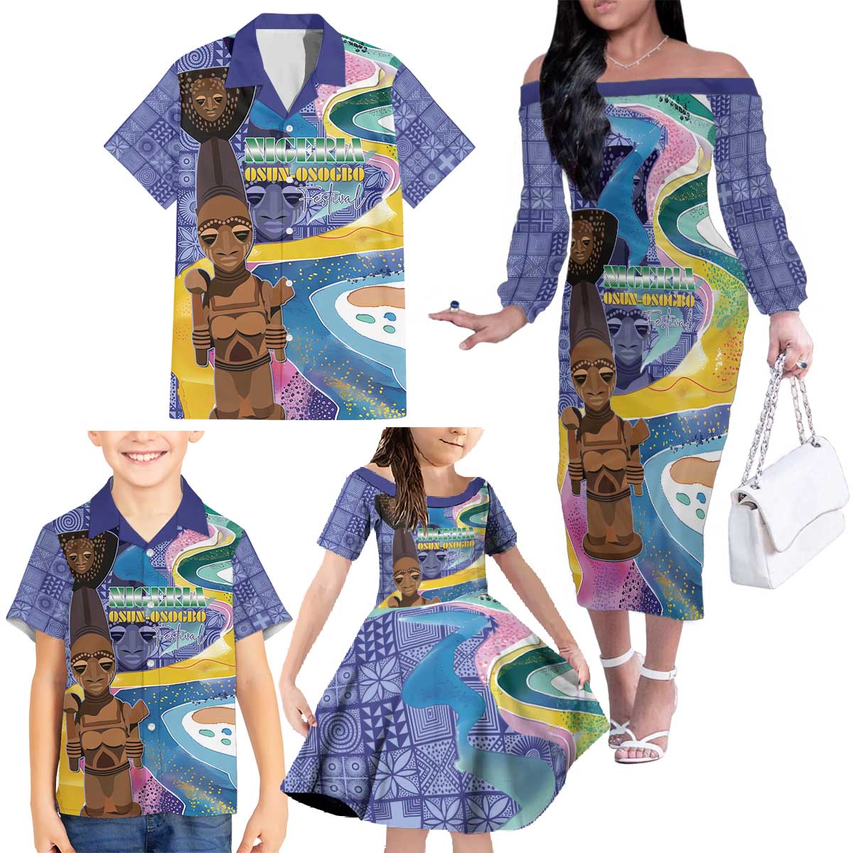Nigeria Osun-Osogbo Festival Family Matching Off The Shoulder Long Sleeve Dress and Hawaiian Shirt Oshun God - Yoruba Pattern - Wonder Print Shop