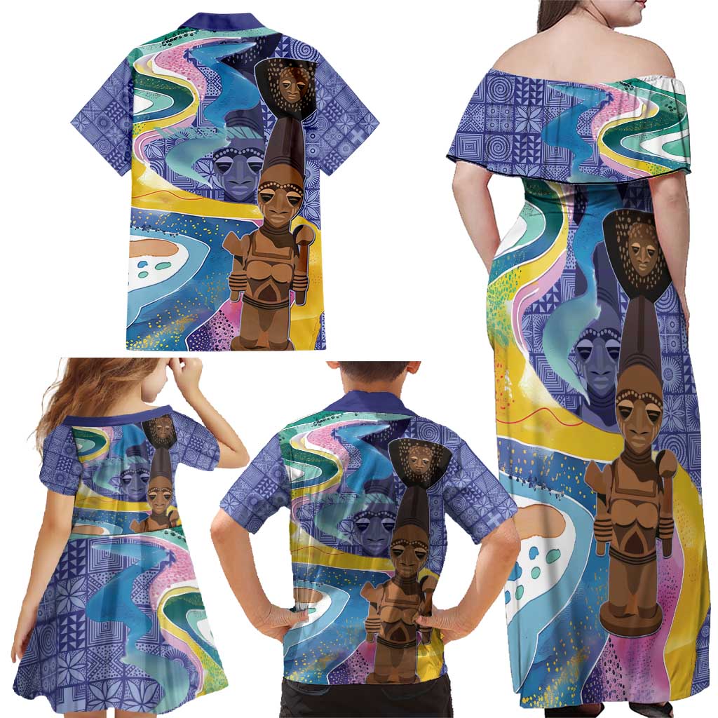 Nigeria Osun-Osogbo Festival Family Matching Off Shoulder Maxi Dress and Hawaiian Shirt Oshun God - Yoruba Pattern - Wonder Print Shop