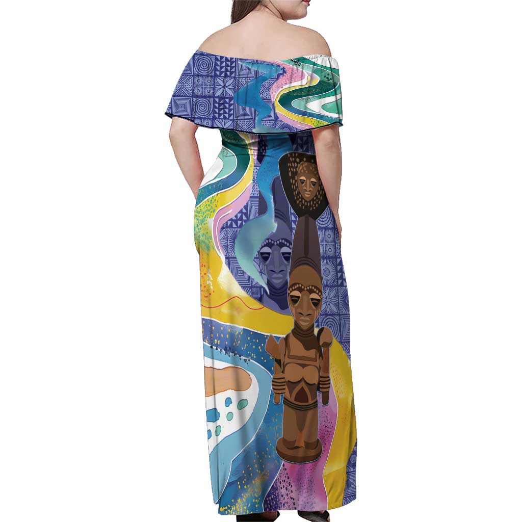 Nigeria Osun-Osogbo Festival Family Matching Off Shoulder Maxi Dress and Hawaiian Shirt Oshun God - Yoruba Pattern - Wonder Print Shop