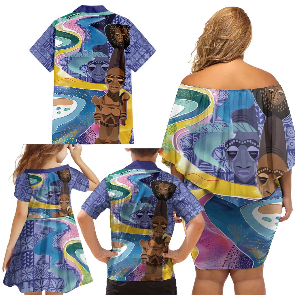 Nigeria Osun-Osogbo Festival Family Matching Off Shoulder Short Dress and Hawaiian Shirt Oshun God - Yoruba Pattern - Wonder Print Shop