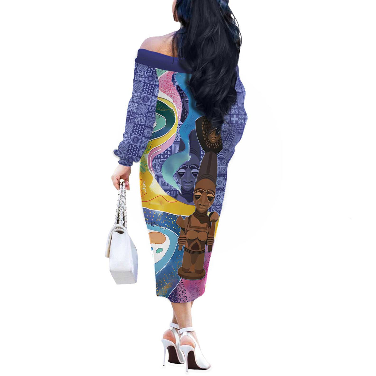 Nigeria Osun-Osogbo Festival Off The Shoulder Long Sleeve Dress Oshun God - Yoruba Pattern - Wonder Print Shop