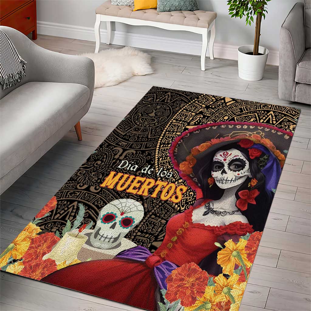 Mexico Day Of The Dead Area Rug La Catrina Mix Cempasuchil Aztec Pattern LT15