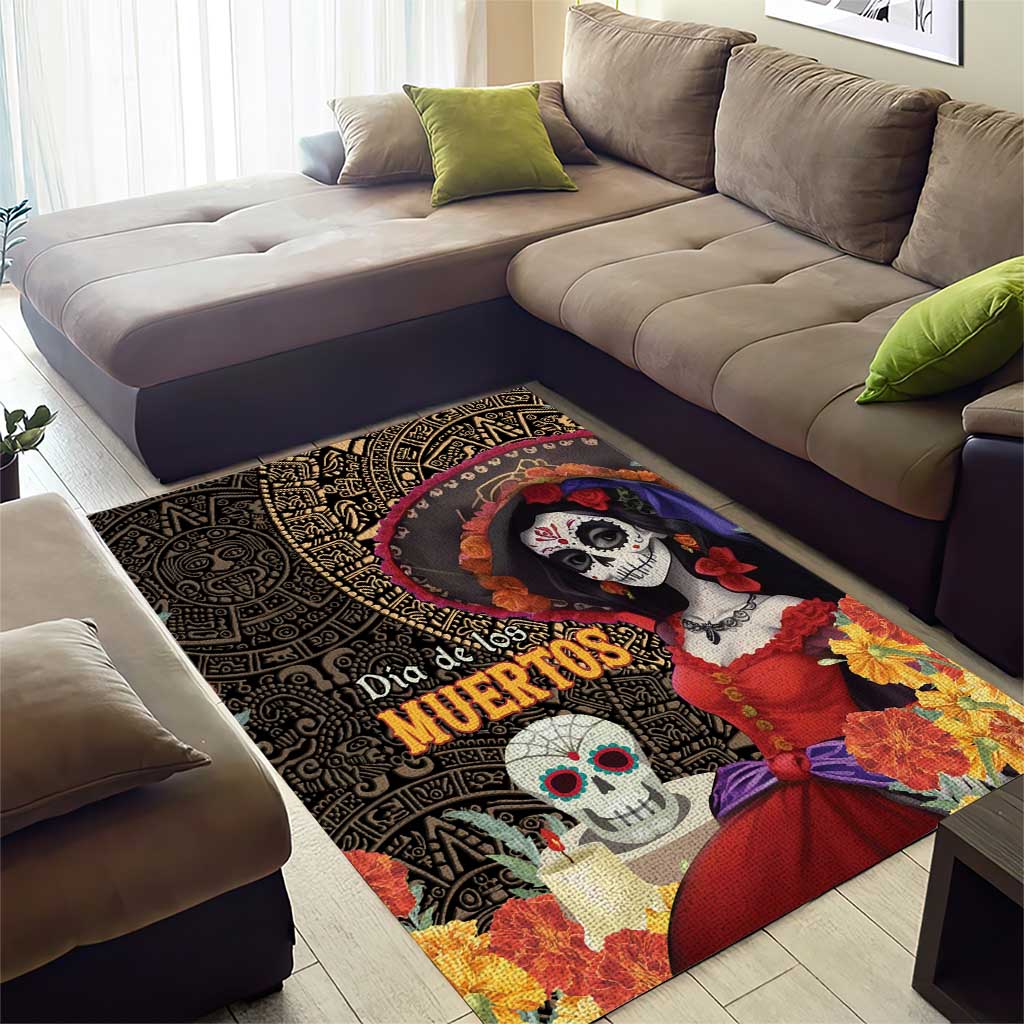 Mexico Day Of The Dead Area Rug La Catrina Mix Cempasuchil Aztec Pattern LT15