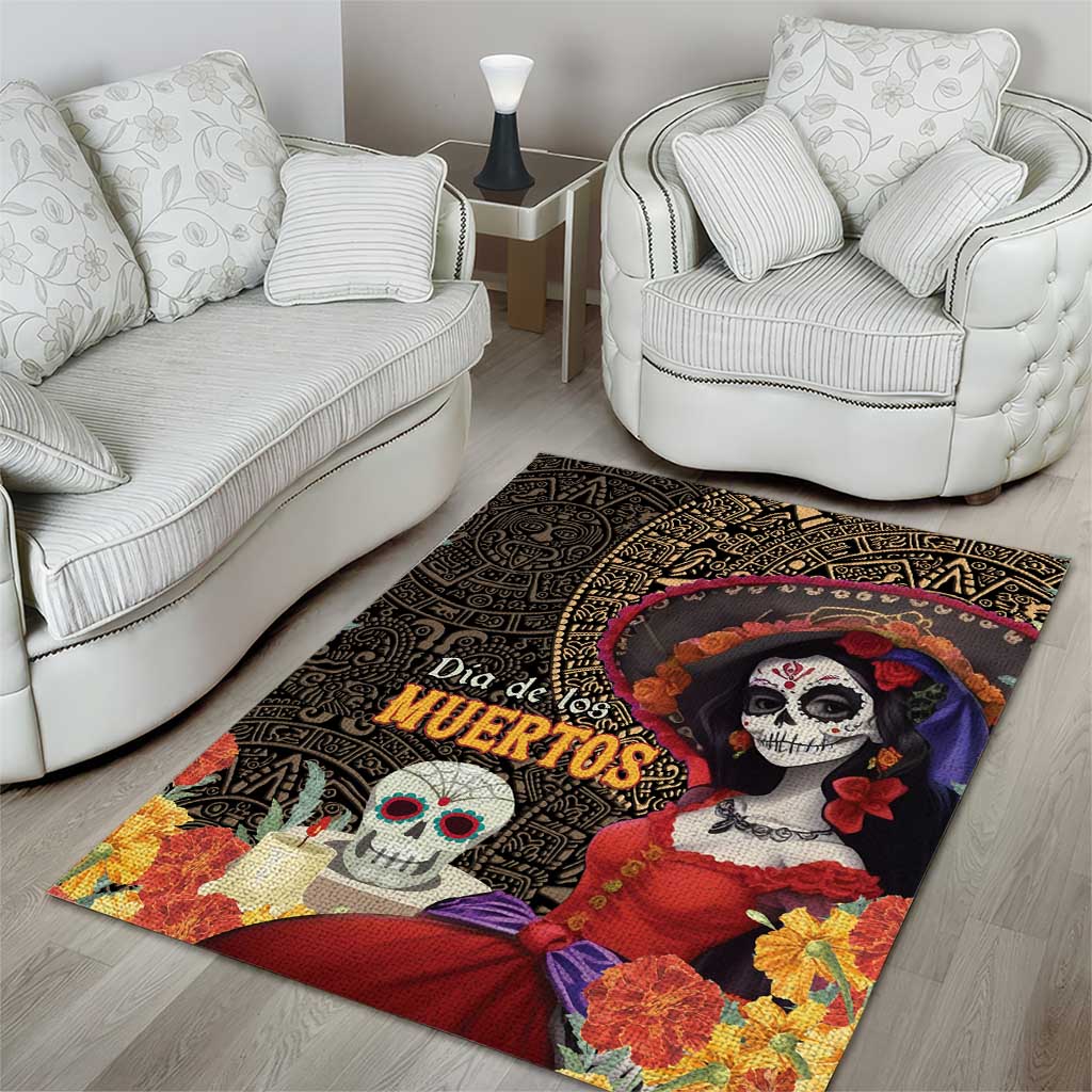 Mexico Day Of The Dead Area Rug La Catrina Mix Cempasuchil Aztec Pattern LT15