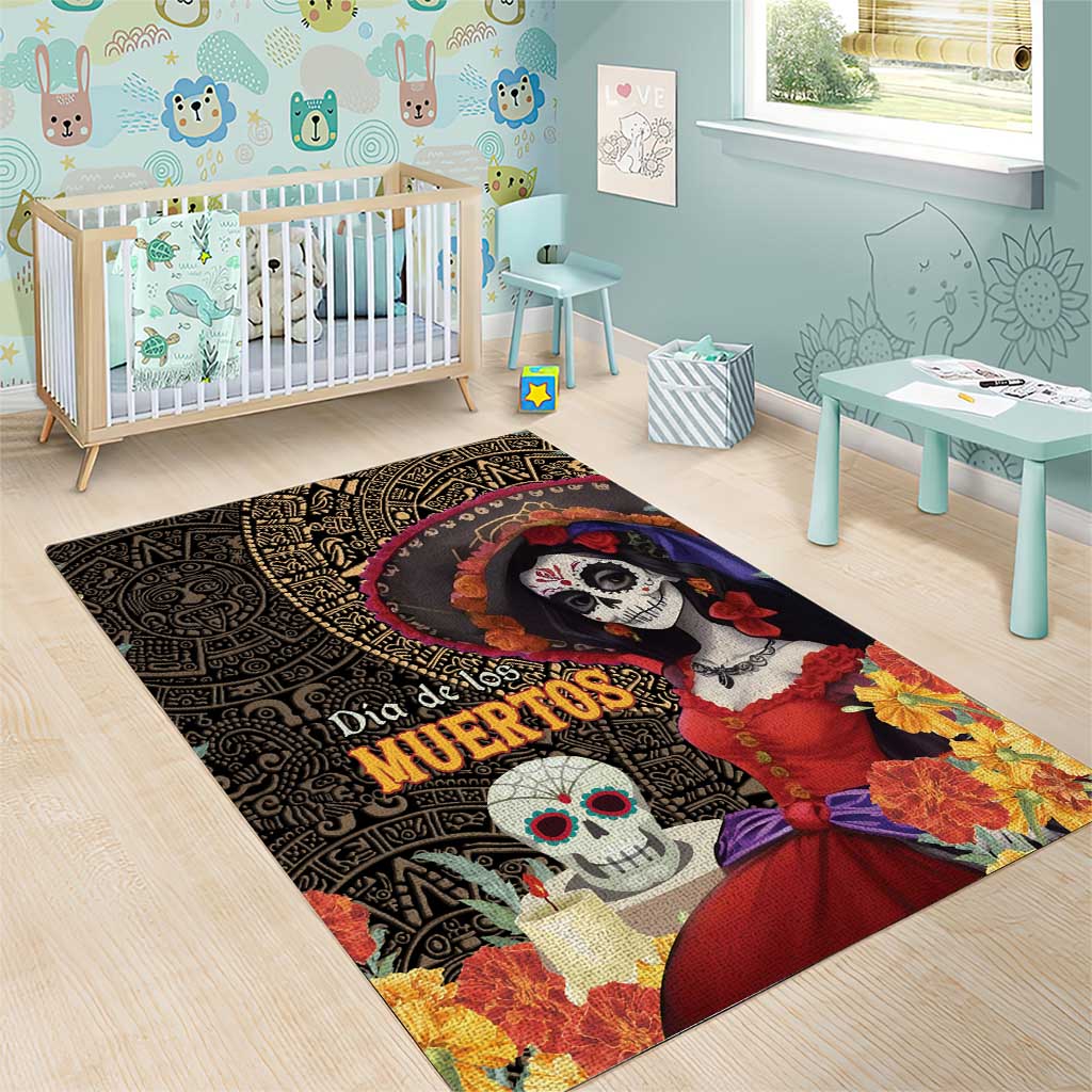 Mexico Day Of The Dead Area Rug La Catrina Mix Cempasuchil Aztec Pattern LT15