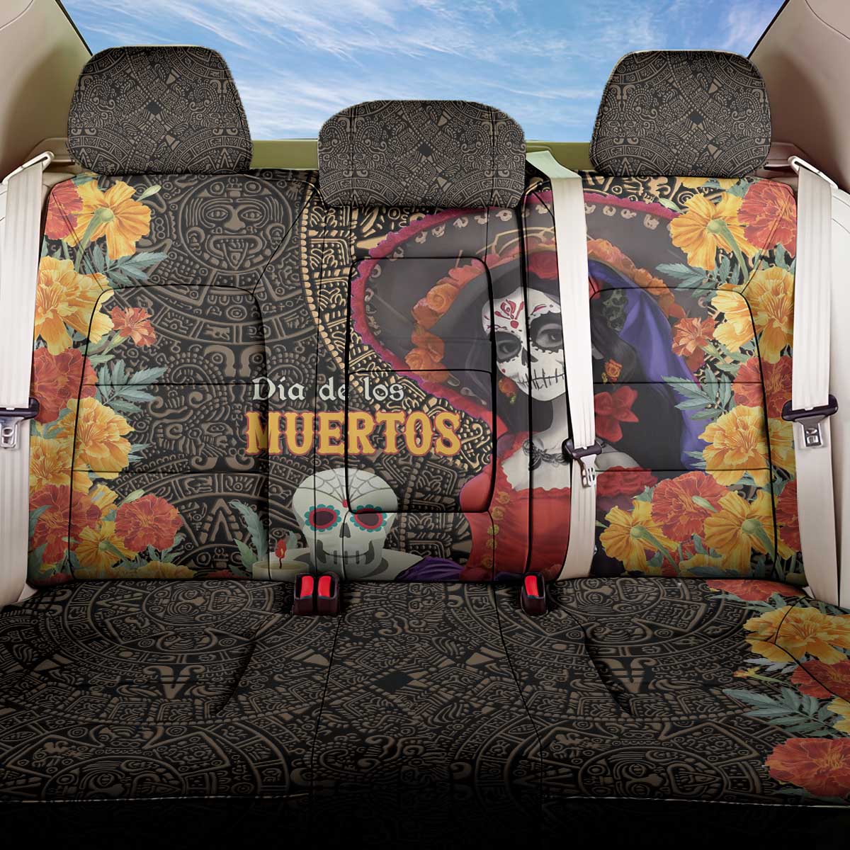 Mexico Day Of The Dead Back Car Seat Cover La Catrina Mix Cempasuchil Aztec Pattern LT15