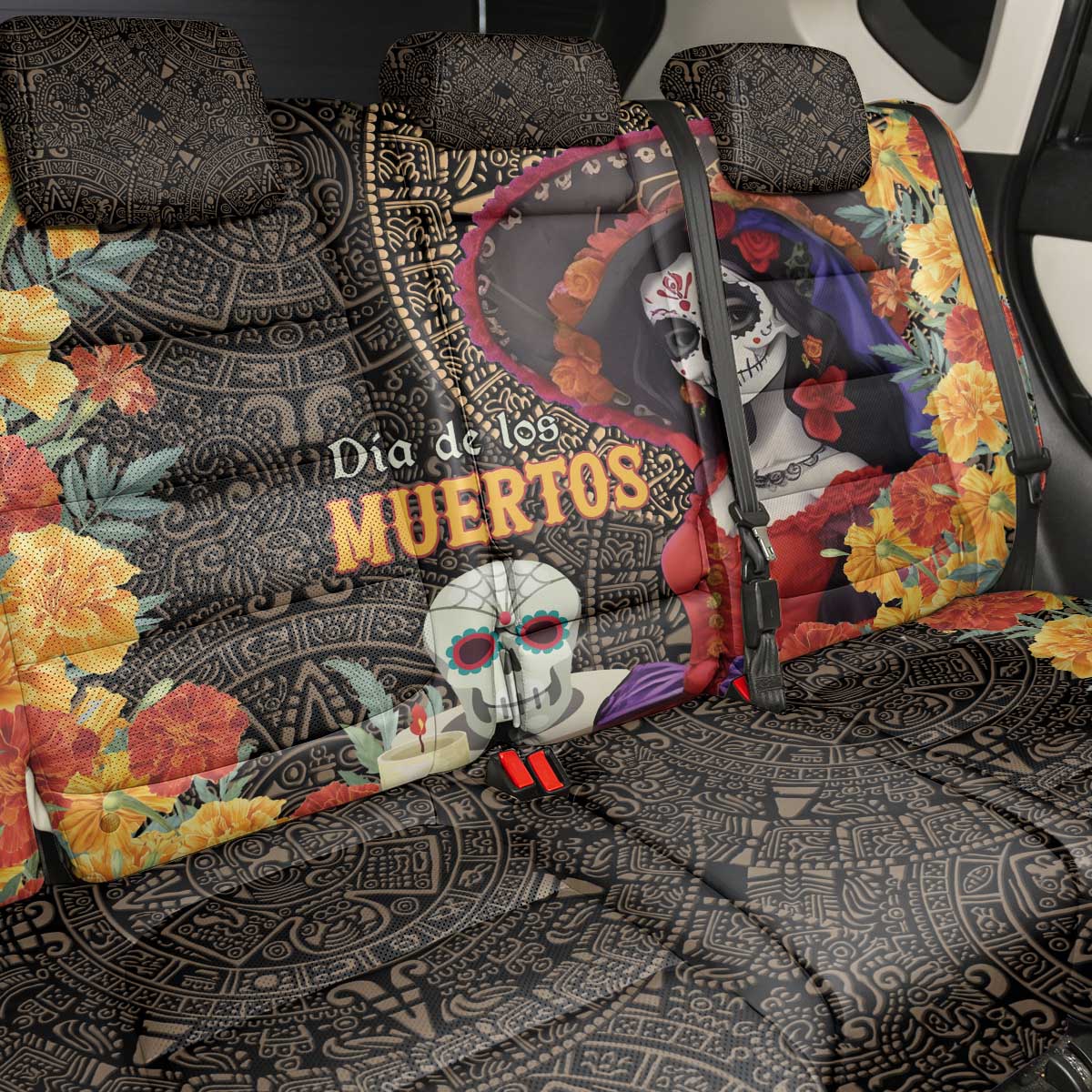 Mexico Day Of The Dead Back Car Seat Cover La Catrina Mix Cempasuchil Aztec Pattern LT15