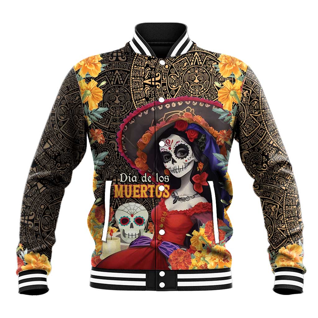 Mexico Day Of The Dead Baseball Jacket La Catrina Mix Cempasuchil Aztec Pattern LT15