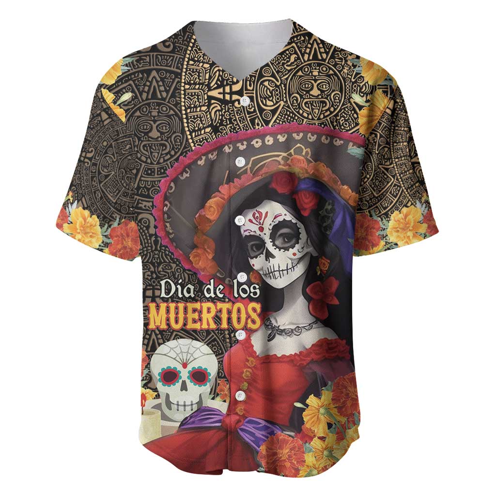 Mexico Day Of The Dead Baseball Jersey La Catrina Mix Cempasuchil Aztec Pattern LT15