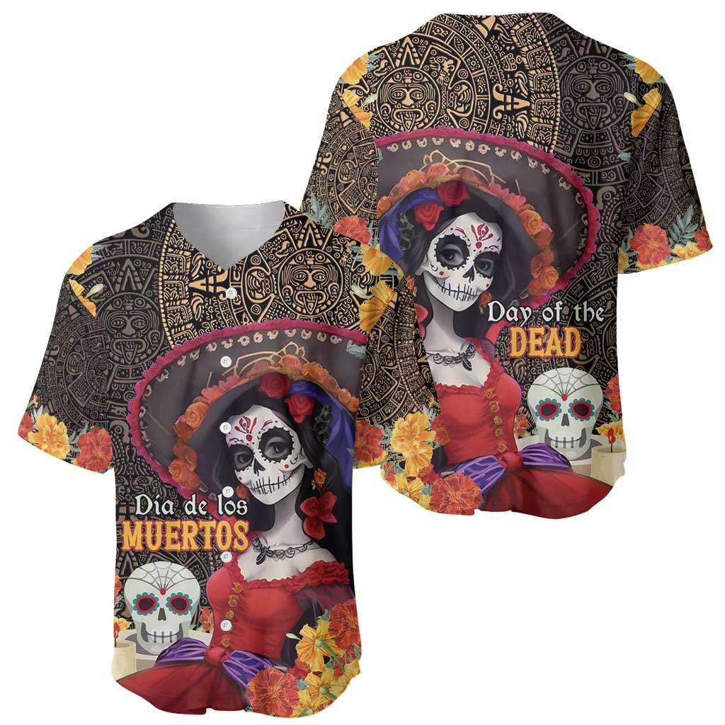 Mexico Day Of The Dead Baseball Jersey La Catrina Mix Cempasuchil Aztec Pattern LT15