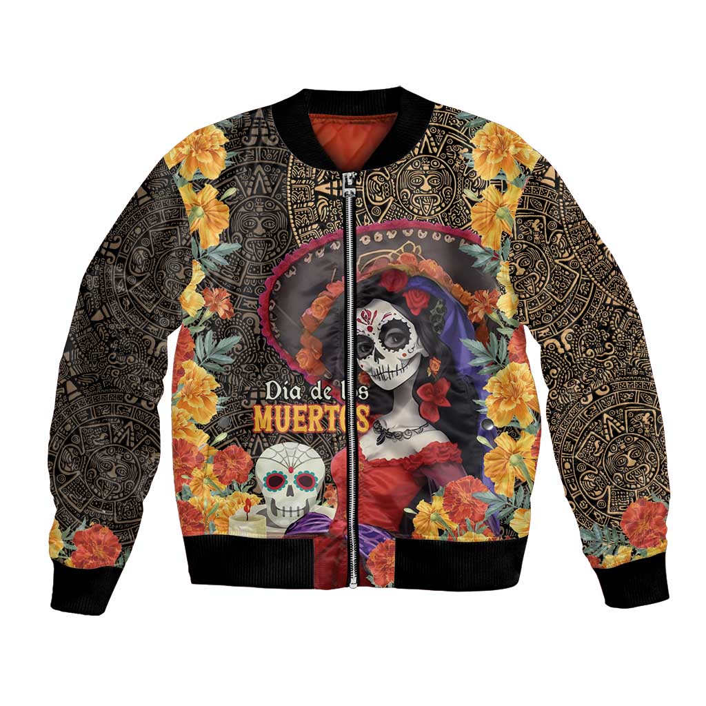 Mexico Day Of The Dead Bomber Jacket La Catrina Mix Cempasuchil Aztec Pattern LT15