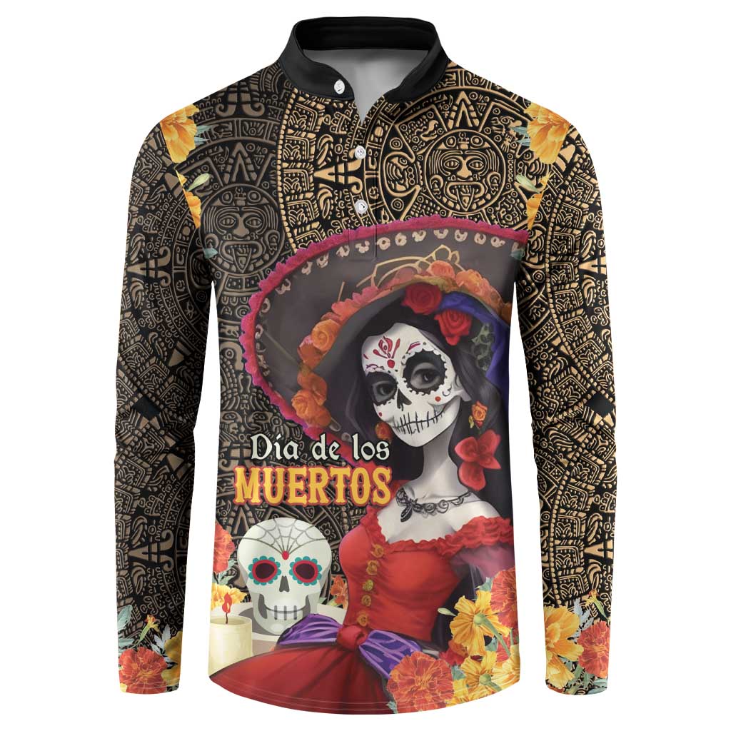 Mexico Day Of The Dead Button Sweatshirt La Catrina Mix Cempasuchil Aztec Pattern LT15