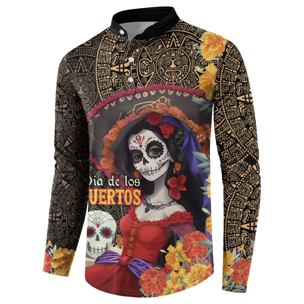 Mexico Day Of The Dead Button Sweatshirt La Catrina Mix Cempasuchil Aztec Pattern LT15