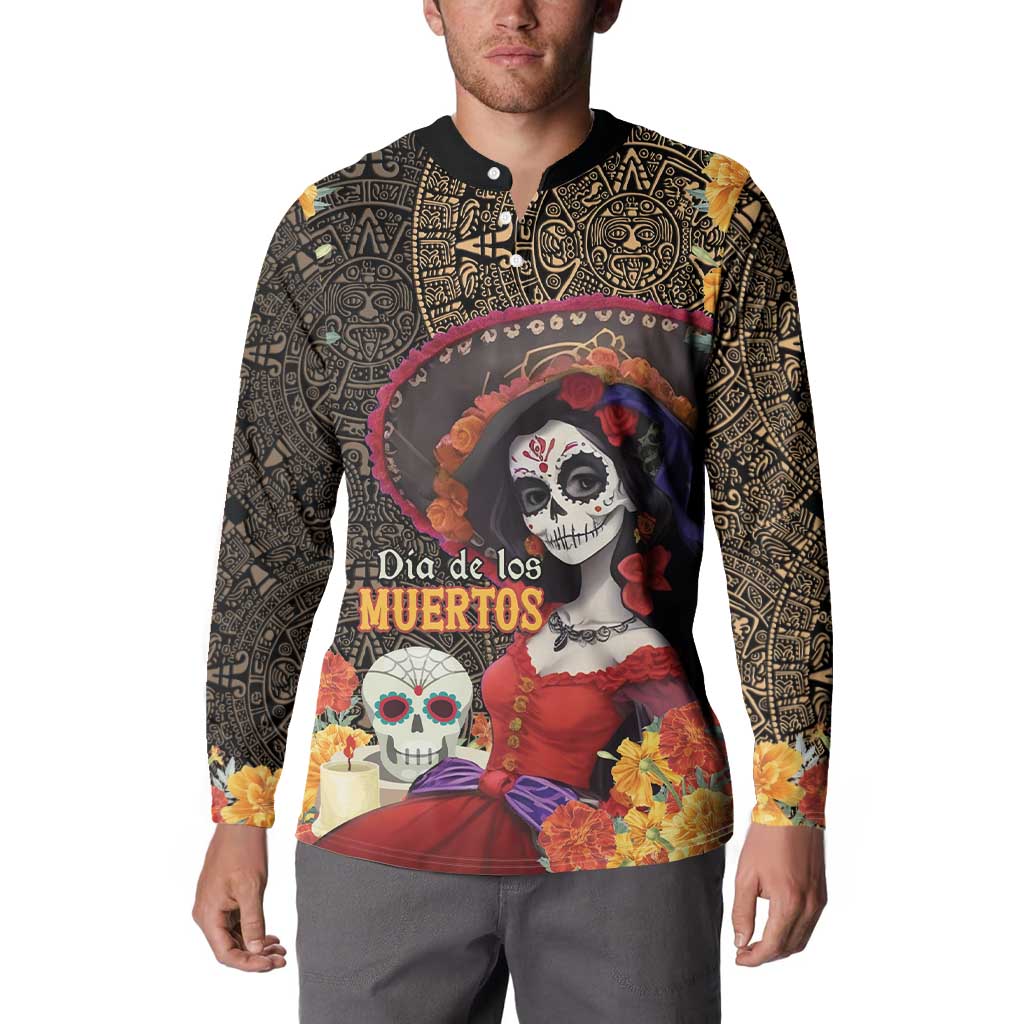Mexico Day Of The Dead Button Sweatshirt La Catrina Mix Cempasuchil Aztec Pattern LT15