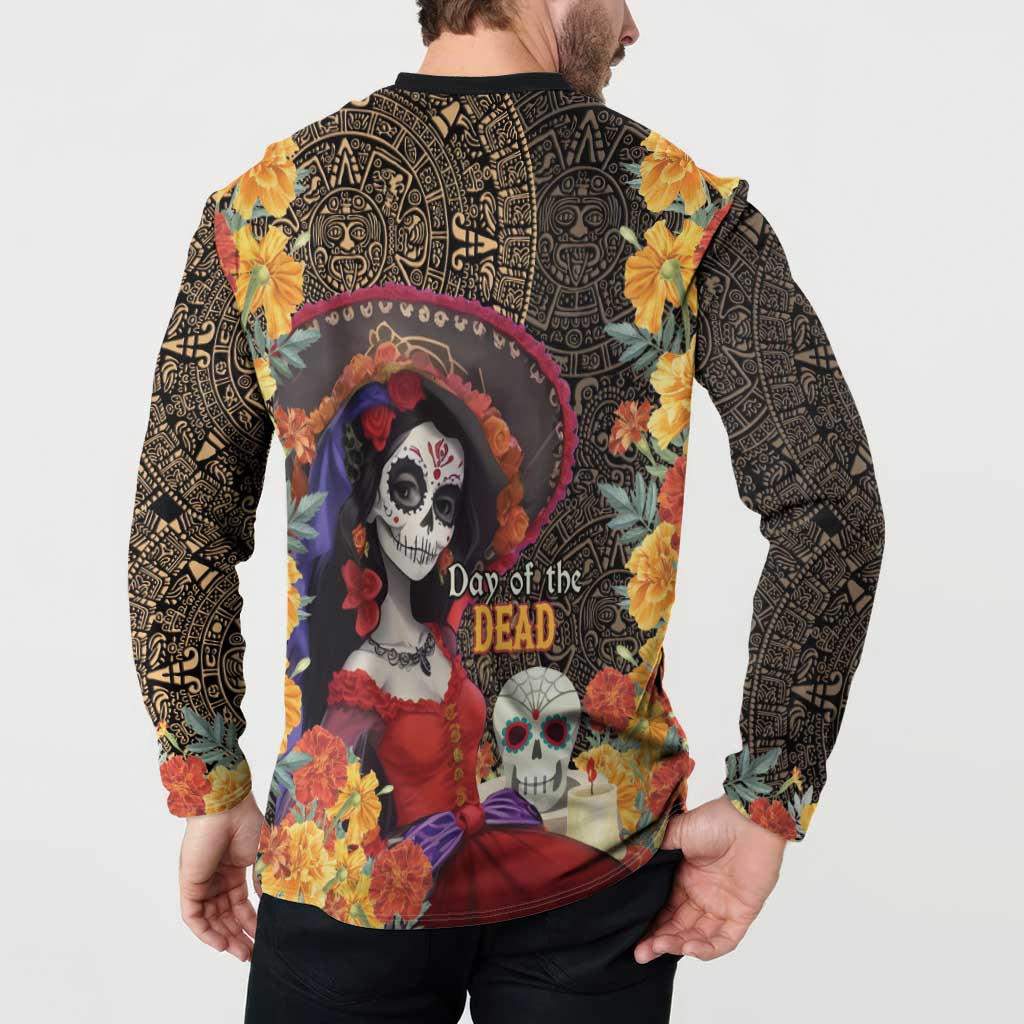 Mexico Day Of The Dead Button Sweatshirt La Catrina Mix Cempasuchil Aztec Pattern LT15